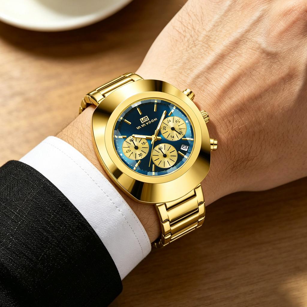 VA VA VOOM Brand Watch Men Sports Leisure Style Stainless Steel Strap Fashionable Oval Dial Multifunctional Running Second Watch