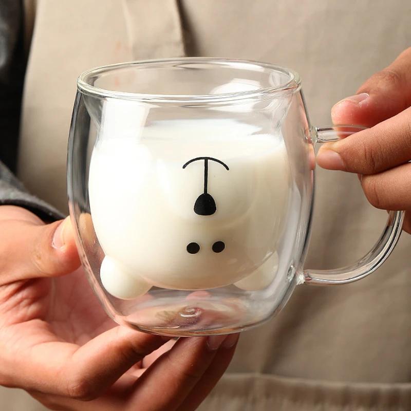 250ml Cartoon Bear Double Wall Glass Cup - Cute Thermal Coffee Milk Juice Mug, Creative Insulated Gift for Home & Office
