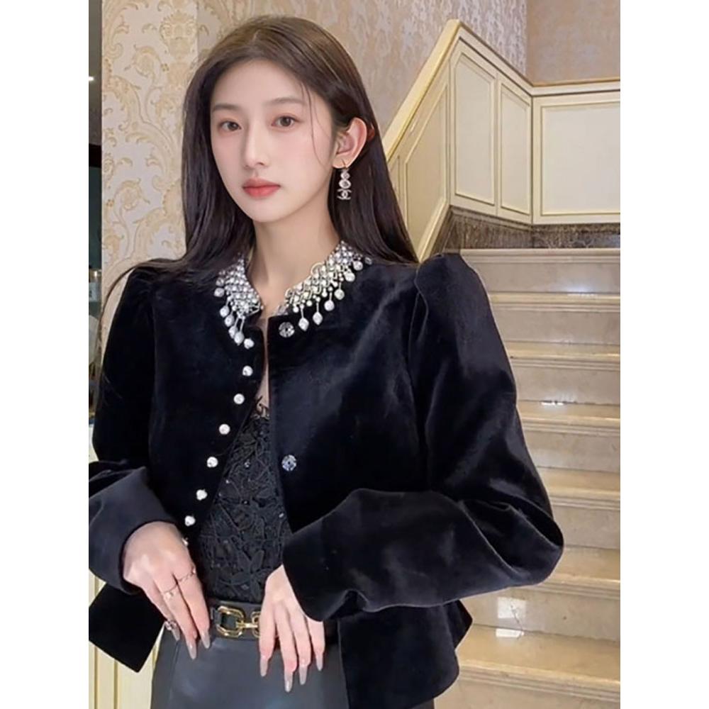 Dámské halenky Černé Těžké korálkování O Krk Halenky s nafouknutými rukávy Blusas Slim Fit Sametová Vintage halenka