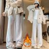 Women's Fleece-Lined Rainbow Sticky Rice Wide-Leg Pants: Warm High-Waist Casual Knitted Trousers for Autumn Winter