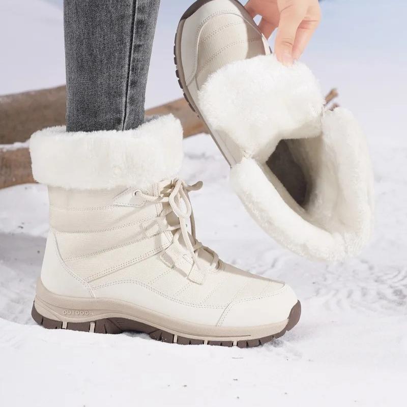 Women Winter Snow Boots Plush Lace Up Mid Calf Boots Thick Sole Warm Cotton Shoes Outdoor Hiking Sneakers Non Slip