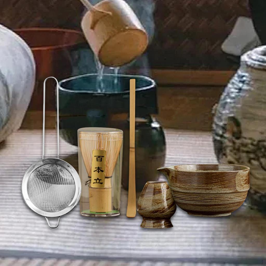 Matcha Set Keramikschale mit Ausguss für Teeliebhaber Tragbar Robust Sieb Besenhalter Zeremonie