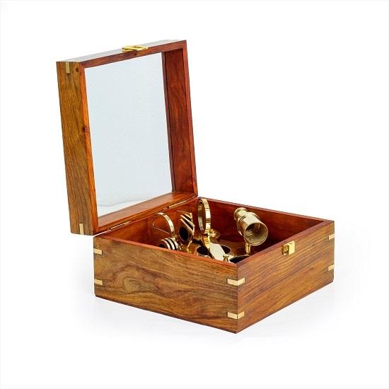 22.86 Cm Large Brass Sextant with Glass Wooden Box Nautical Navigation Collection Pirate's Gift Decor Ideas Marine Instruments