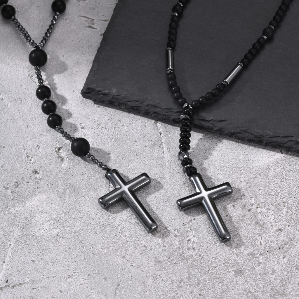 Xiaomi Vnox Hematite Cross Pendant Necklace for Men Black Onyx Beaded Chain Long Male Prayer Jewelry Punk Street Style Gift