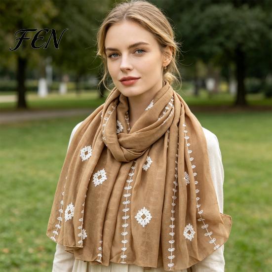Bohemian Travel Accessory Solid Color Embroidered Shawl for Women, Lightweight Soft Gauze Scarf with Floral Vine Texture, 180x90cm Breathable