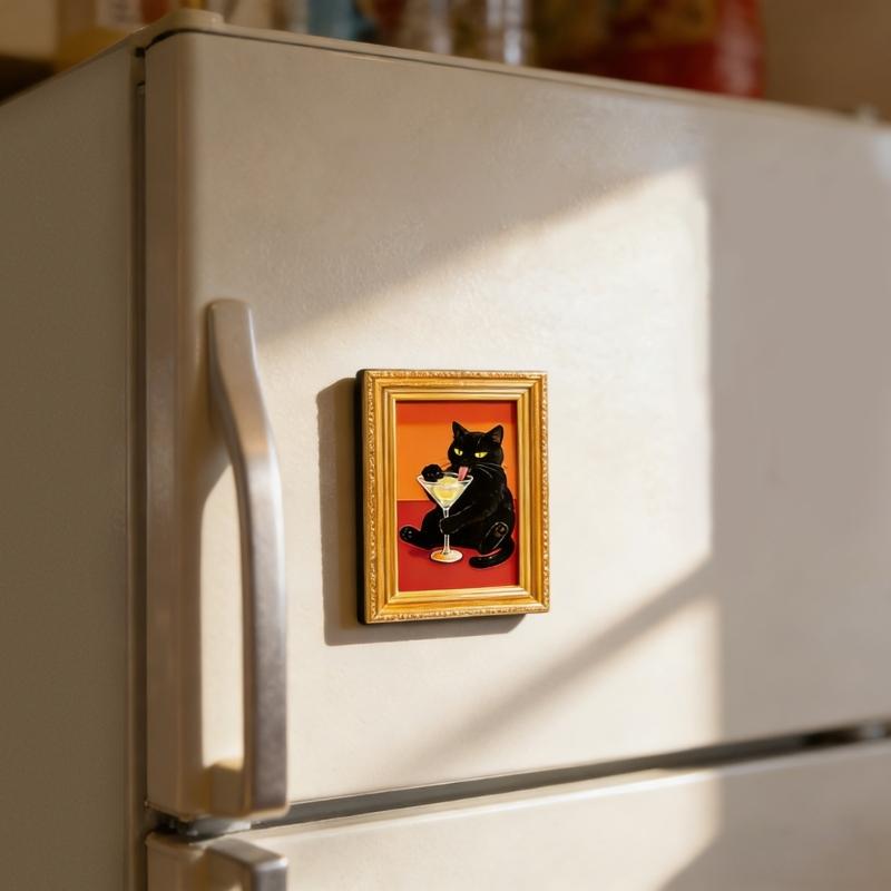 Set of 6 Cute Cats Design Art Print Wooden Frame Magnetic Sticekr for Refrigerator Decors Famous Painting Fridge Magnets