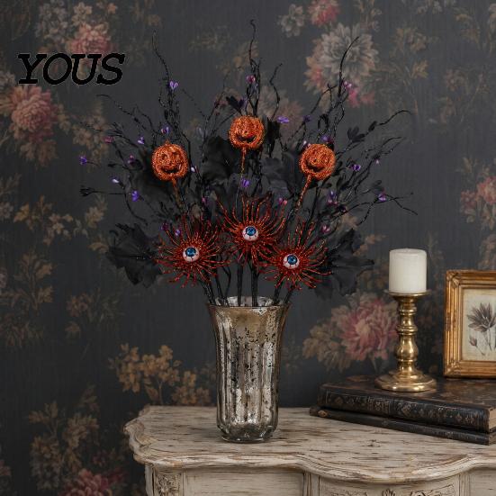 Creepy Eyeball Halloween Decoration Artificial Branch Stem, Glitter Black Fake Twig with Pumpkin, Eyeball, Spooky Bouquet Maple Leaves for Party,