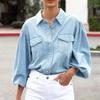 Podzimní zima s dlouhým rukávem topy s límcem móda halenka s kapsami na knoflíky ležérní sepraná džínová košile kabát 30084
