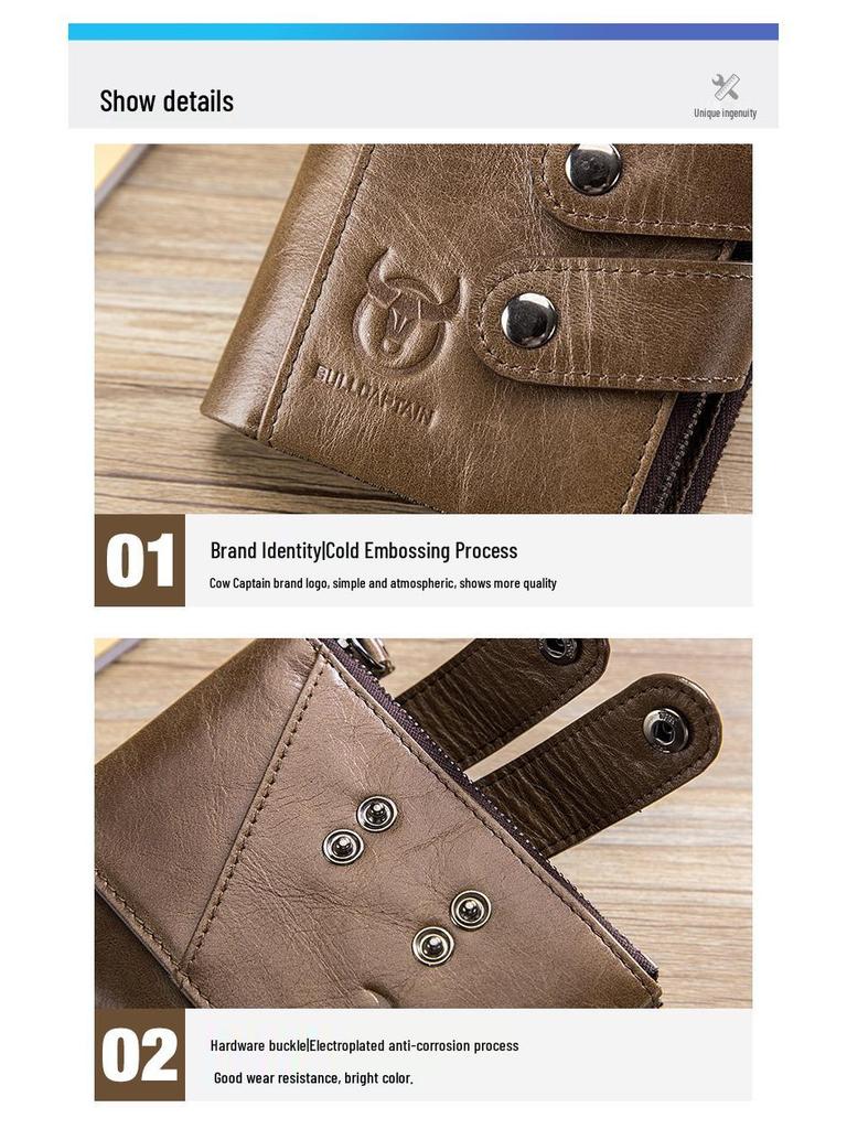 Cow Captain Vintage RFID Men's Trifold Zipper Wallet - Genuine Leather & Top Layer Cowhide