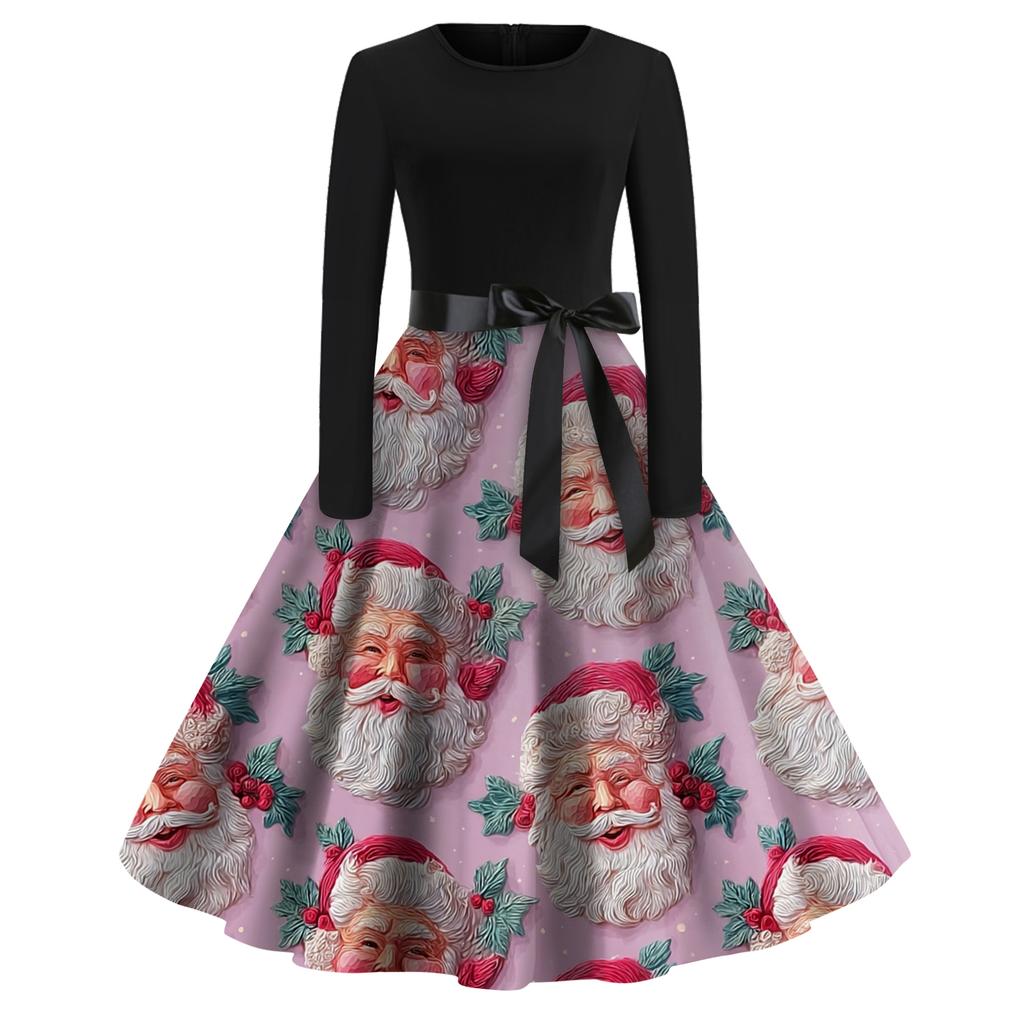 Damenmode Rundhals Lässig Slim Fit Weihnachtsdruck Weit schwingendes Langarmkleid