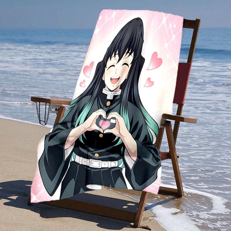 proof beach towel with Nezuko Demon Slayer Muichiro Tokito pattern - soft,absorbent,quick-drying,machine washable - perfect for swimming,camping,bathi