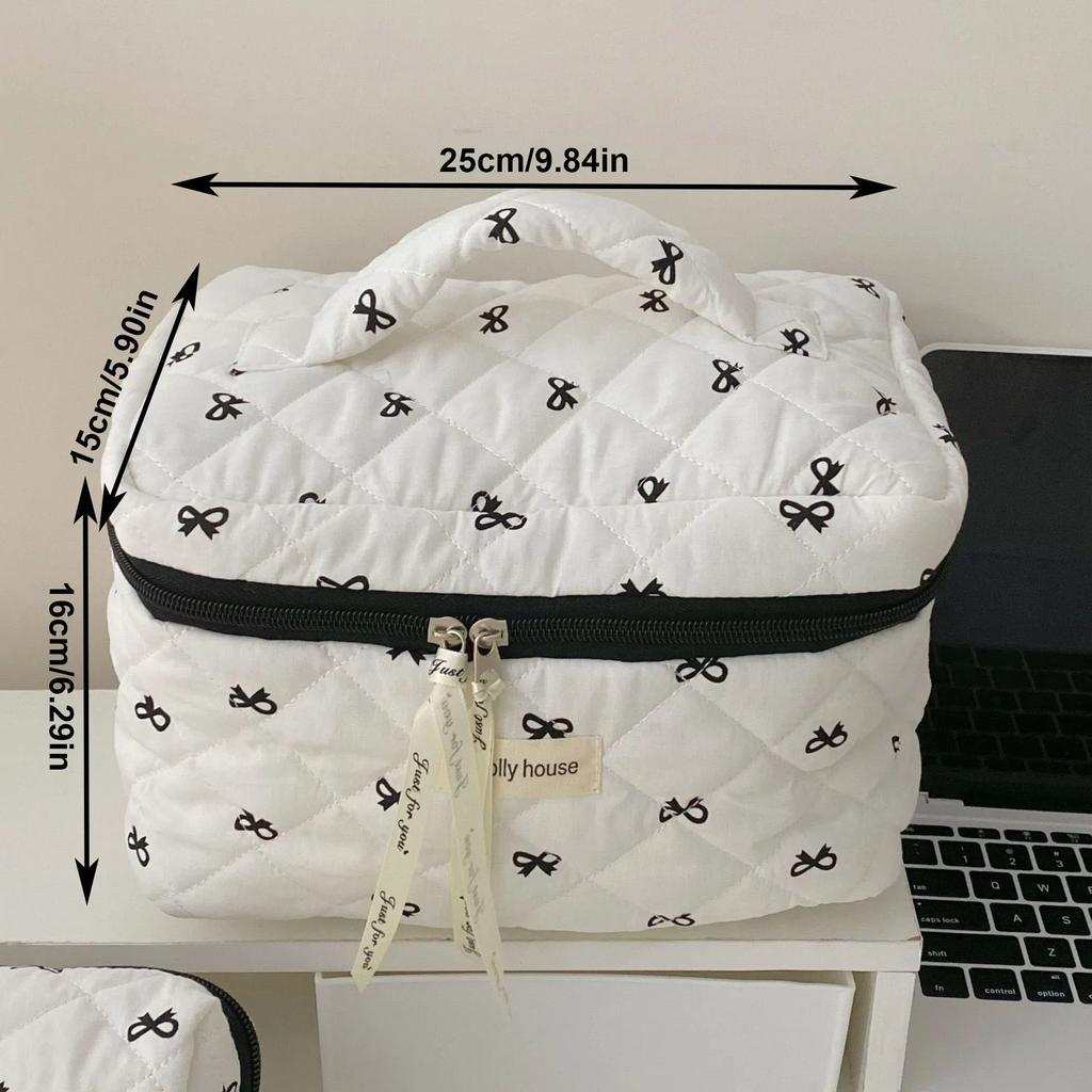 Geantă de machiaj pentru femei, model Cherry, geantă portabilă, drăguță, pentru cosmetice, toaletă, depozitare, geantă de mână din bumbac matlasată cu fermoar