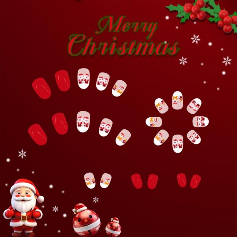 24x Kurze Falsche Nägel Weihnachten Press-On Nägel Vollabdeckung Aufkleb-Nägel Weihnachtsmann Künstliche Nägel Maniküre Zubehör