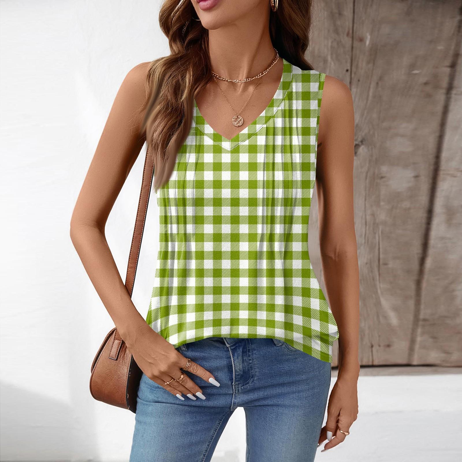 

Loose Fit Sleeveless V Neck Top with Pleated Detail and Checkered Pattern Casual Summer Blouse for Women Lightweight and Comfortable XXL зелёный