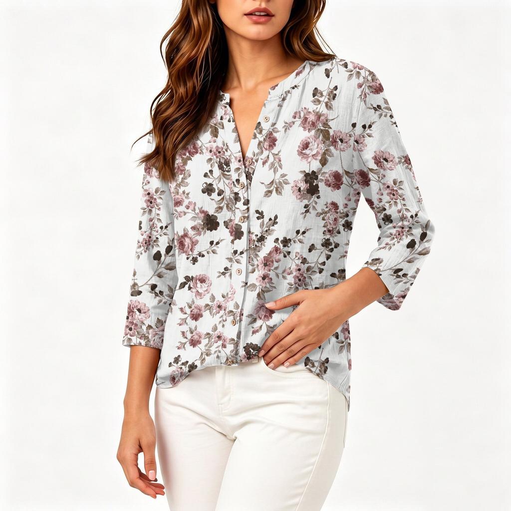 Women's Retro Floral Print Button Down Shirt 3/4 Sleeve Cotton Linen Blouse