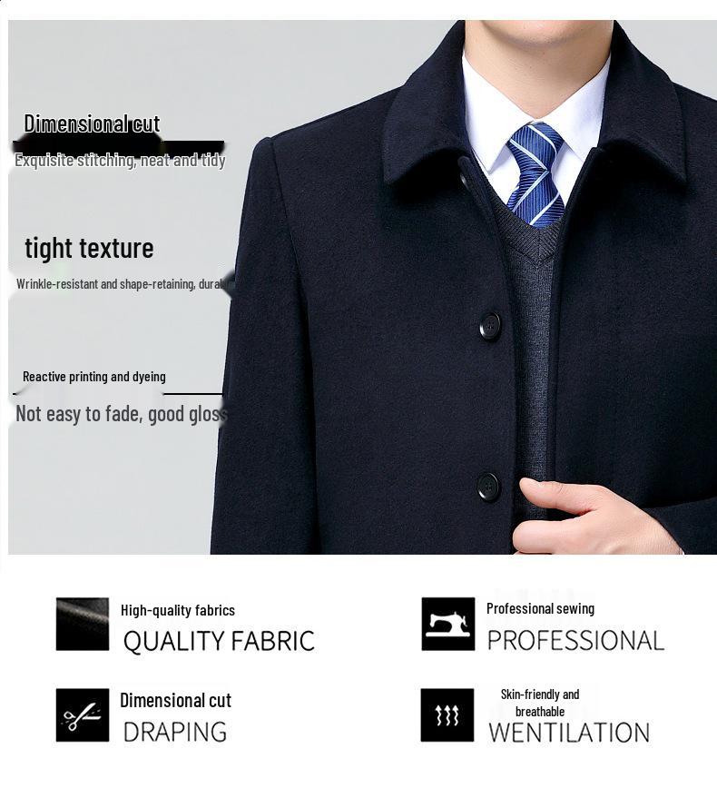 Men's Cashmere Lapel Wool Coat - Autumn/Winter Thick Button-Up for Middle-Aged & Elderly Casual Wear