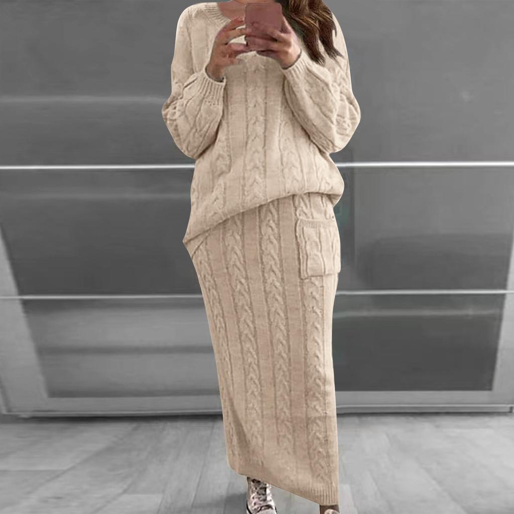 Women Autumn Winter Twist Crop Sweater Hip Skirt Knit Set for Laides Solid Color Slim All Match Two Piece Set