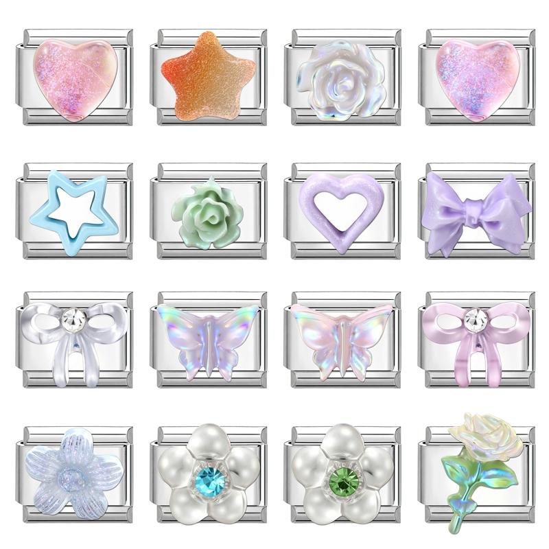 Fashion Heart Bow Knot Butterfly Star Rose Flowers Italian Charm Links Fit 9mm Stainless Steel Bracelet Women DIY Making Gift