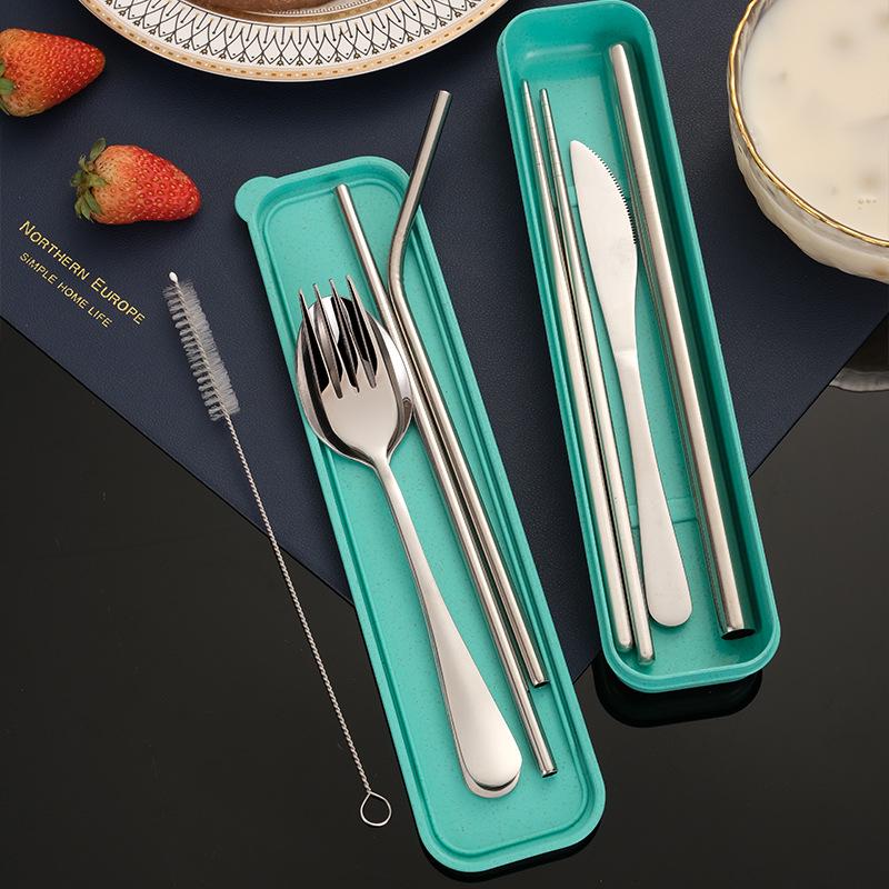 Portable 7-Piece Stainless Steel Cutlery Set with Knife, Fork, Spoon, Chopsticks, and Straw