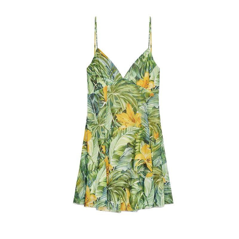 Summer Women's Clothing Patchwork Lining Bowknot Decoration Print Silk Net V-neck Strap Short Dress 5039132