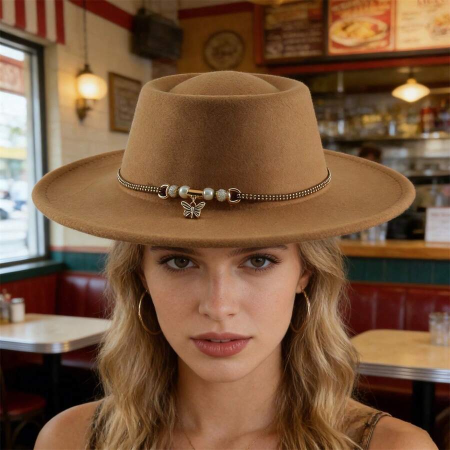 Vintage Western Wide Brim Felt Fedora Hat With Decorative Band For Women And Men