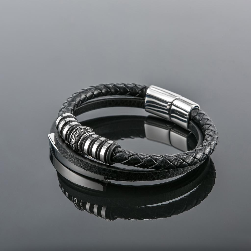 Stainless Steel Leather Bracelet, European and American Style, Stainless Steel Curved Brand, PU Leather Woven Men's Bracelet, Men's Bracelet