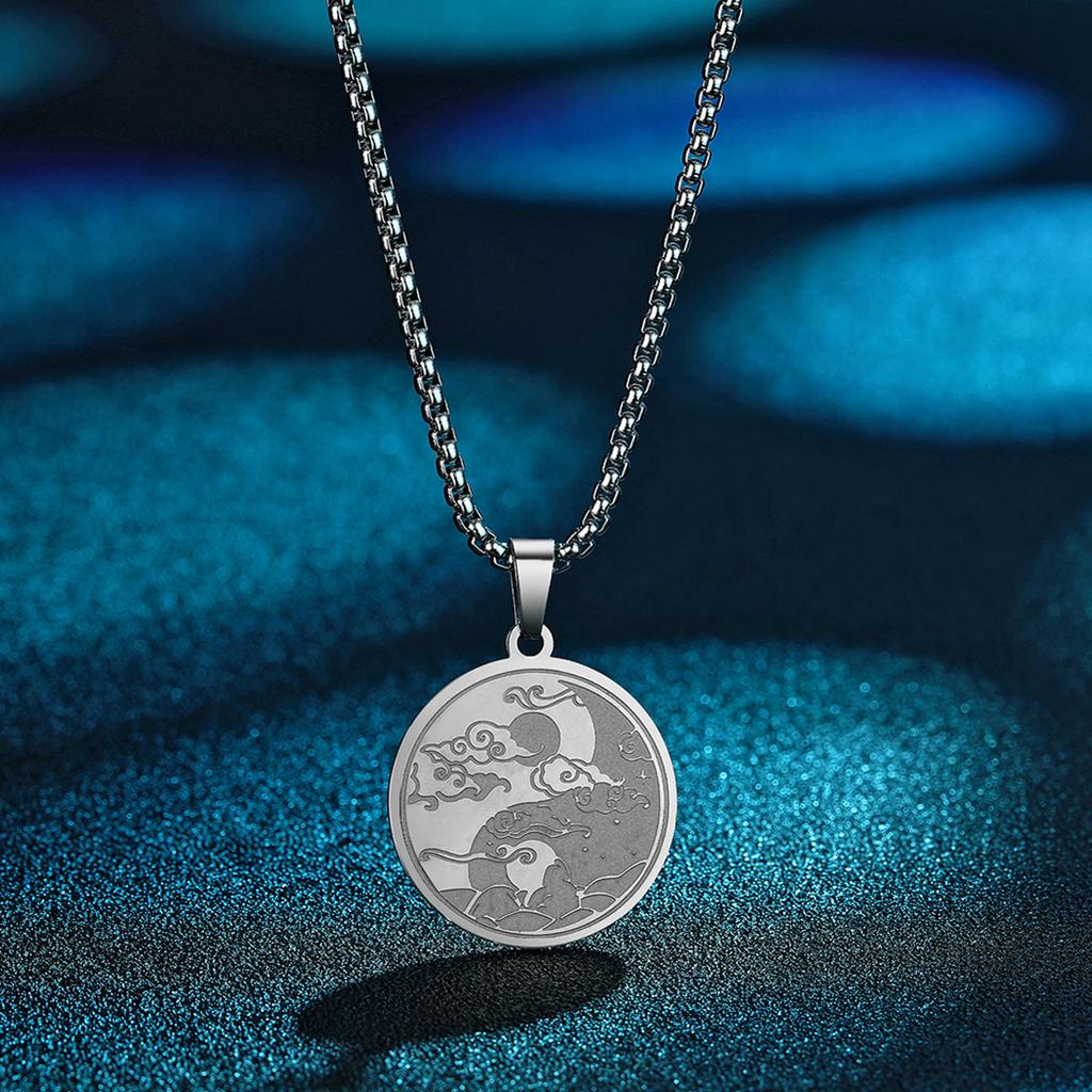Kinital Exquisite Laser Carving Ancient Egypt Yin Yang Night Moon Lover Pendant Fashion Jewelry Stainless Steel Necklace