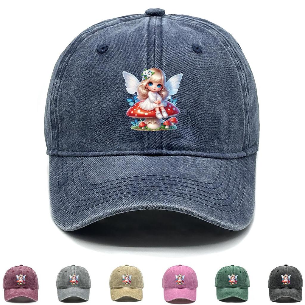 Angel Mushroom Print Snapback Baseball Hat, Trucker Hat Retro Curved Brim Leisure Stylish Adjustable Sun Hat