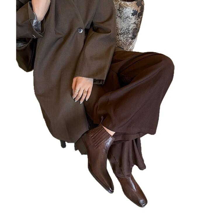 High quality Chelsea boots 2025 autumn retro washed cowhide thick heel square head one pedal lazy Martin boots women