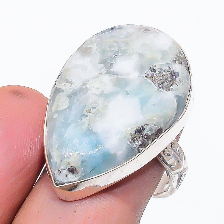 Natural Larimar Gemstone Handmade 925 Sterling Silver Jewelry Ring Size 9 J4R98