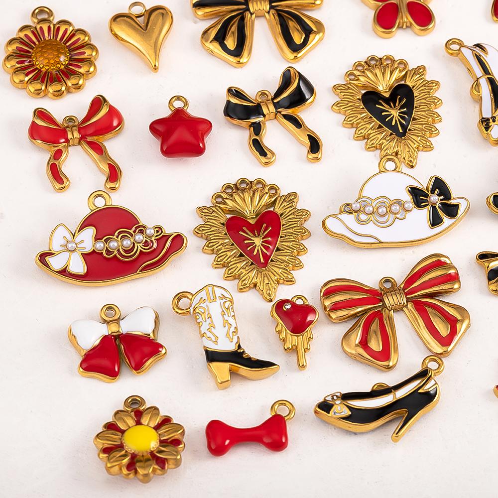 2pcs Stainless Steel Cartoon Enamel Bowknot Red Black High Heel Bone Pendant Necklace Earring Heart Charms Craft Jewelry Making