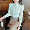 New 2024 Fashion Winter Chinese Style Long Sleeve Stand Collar Apricot Velvet Lace Blouse Shirt Women Tops Blouses Shirts J806
