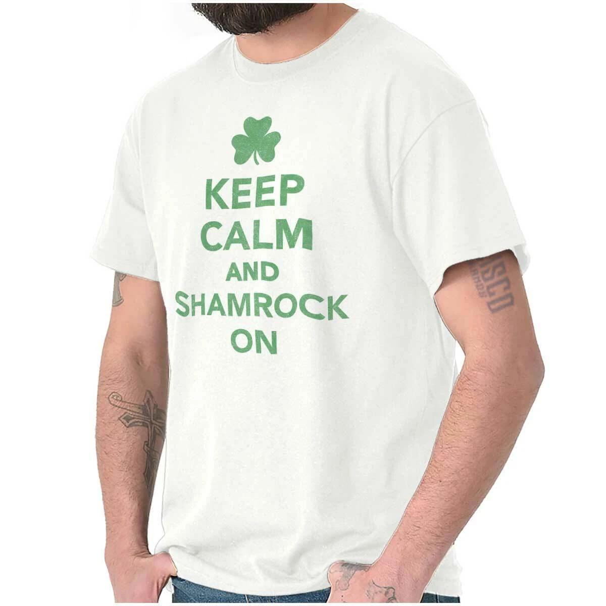 Keep Calm Irish Shamrock Drinking Funny Gift Womens or Mens Crewneck T Shirt Tee S