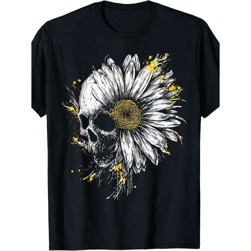 

Halloween Daisy Flower Skull Painting Art Drawing T-Shirt | Short-Sleeved, Printed, Crew Neck, Vintage Style S чёрный