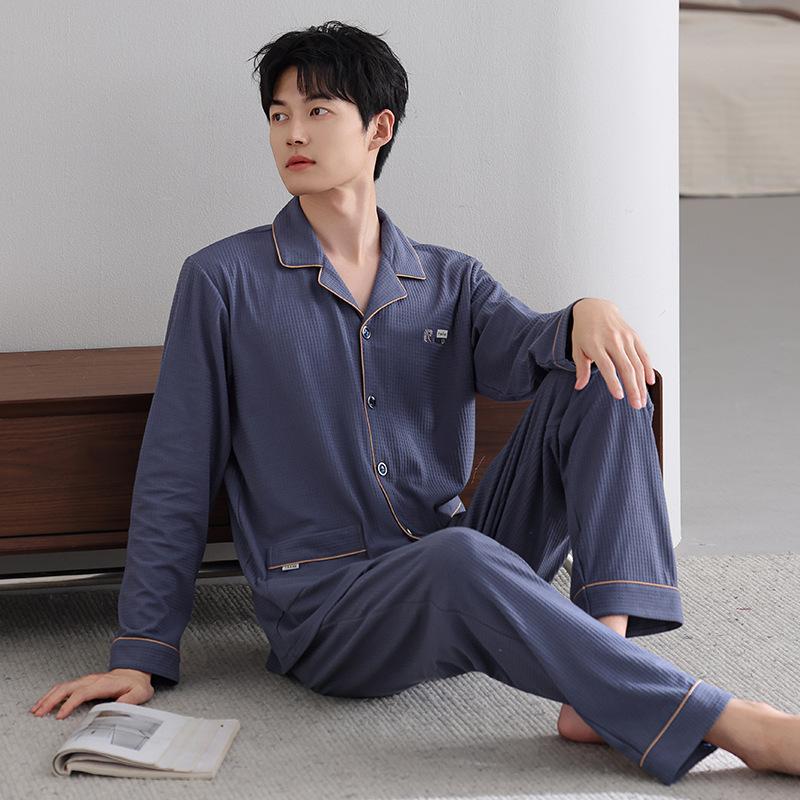 Pure Cotton Pajamas Men'S Loungewear Spring And Autumn Suit Cardigan Long-Sleeved Trousers Can Be Worn Outside Spring And Autumn Styles