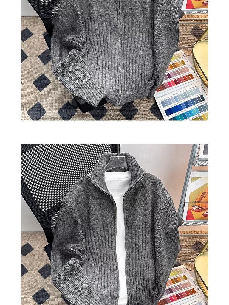 Men's Thick Knit Zipper Sweater - Solid Color, Half-High Collar, Autumn/Winter Pullover, Loose Fit Floral Thread Design