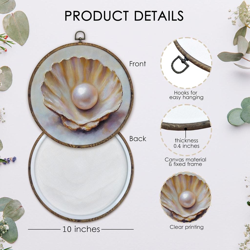 KFXHANGD Vintage Seashell Round Wall Art Framed, Coastal Shell Canvas Wall Art Decor, Coastal Sea Shells Hanging Decor for Bathroom Bedroom,