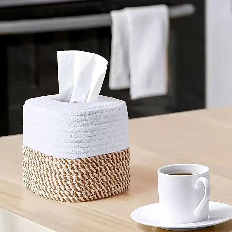 1pc Cotton Thread Tissue Box Square Desktop Napkin Decorative Box Multi-functional Hand-woven Storage Basket Tissue Storage Box