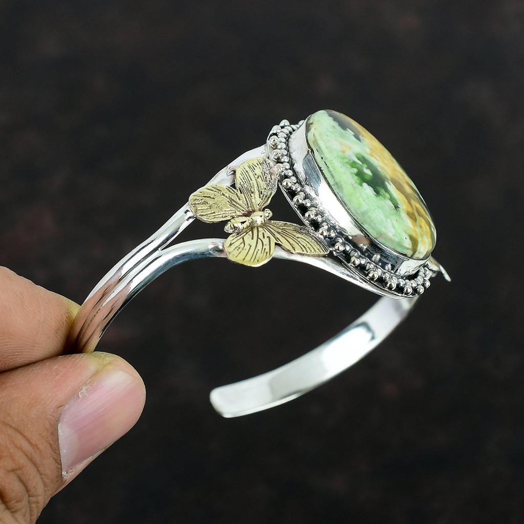 Australian Chrome Chalcedony Bangle Real Gemstone Cuff Bracelet 925 Sterling Silver Bangle 18K Gold Plated Butterfly Cuff Adjustable Bangle
