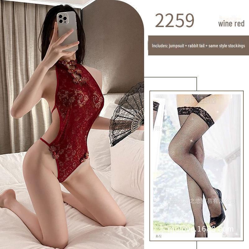 Milian Retro Lace Cheongsam: Tempting Open-Crotch Lingerie One-Piece.