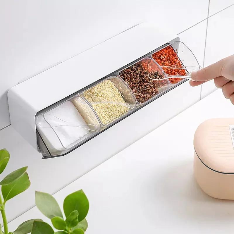 With Spoon Spice Storage Tool Kitchen Wall Mounted Spice Storage Rack Salt and Pepper Shaker Spice Jar Seasoning Container