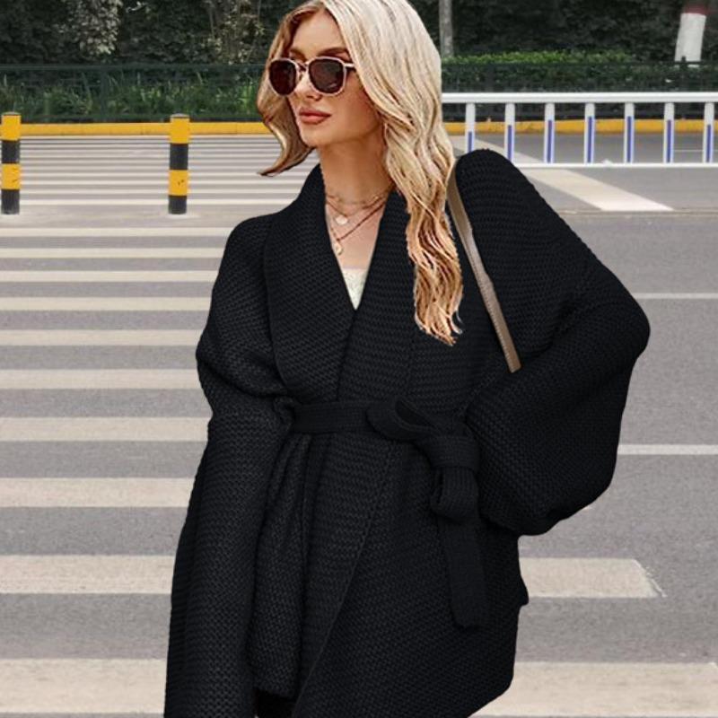 Lace-up Women's Clothing Autumn and Winter Casual Versatile Lapel Collar New Cardigan Sweater Jacket Women