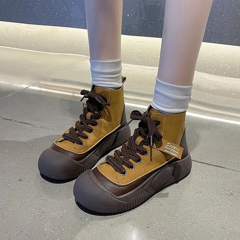 Fashion Spring Autumn New Women's Sport Shoes Fashion Tide Ankle Boots Retro Round Toe Lace Up Comfort Thick Sole Sneaker Botas De Mujer