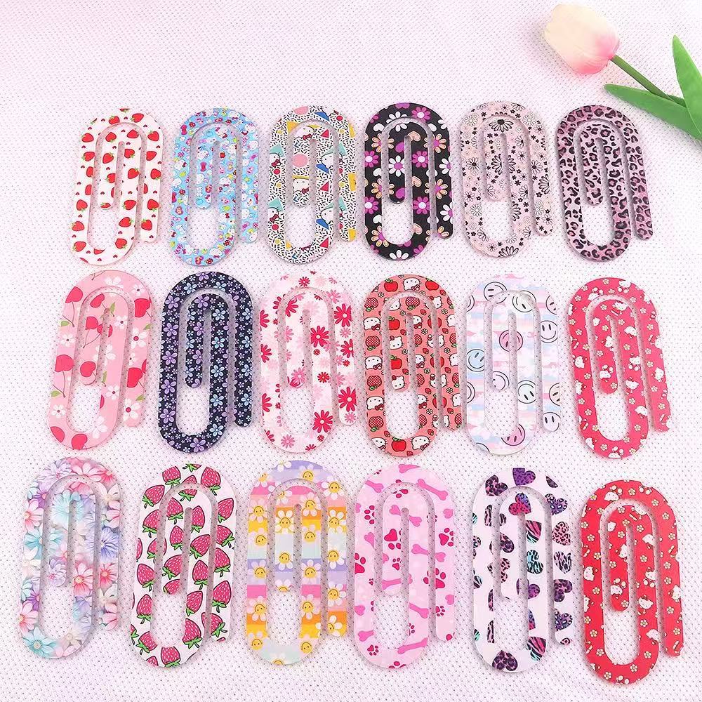 10Pcs Cute Printed Acrylic Paper Clips Large Printed Bookmark Clamps For Notebook File DIY Organizing