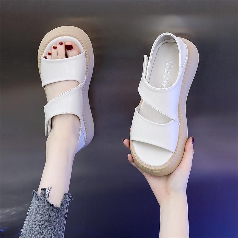Real Soft Leather Sandals Women's New Muffin Thick-soled and Thin Casual Soft-soled Beach Shoes