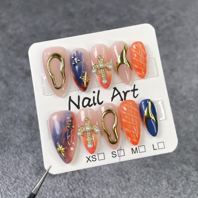 Almond Shape Press-On Nails With 3D Embossed Design Gradient Ombre Metallic Finish Handmade False Extra Small