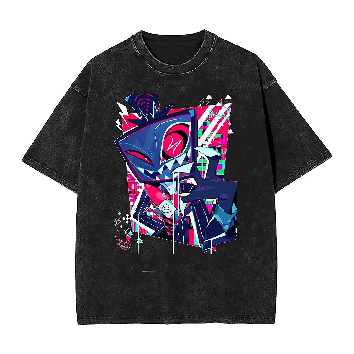Hazbin Hotel 3 Vees Alastor Печать Футболка Мужская Кислотная Стирка Оверсайз Y2k Короткий Рукав Повседневная Хлопковая Футболка Круглый Вырез Одежда Женская Мужская Футболки L