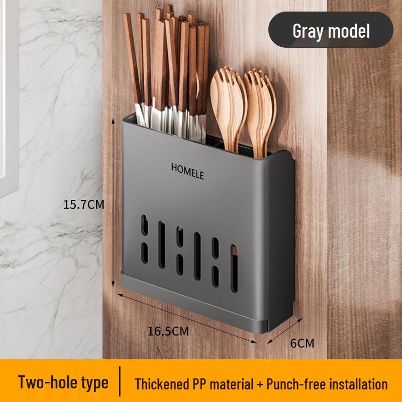 Wall-Mounted No-Drill Chopstick Holder with Multi-Compartments and Drainage, Large Capacity Cutlery Storage Box
