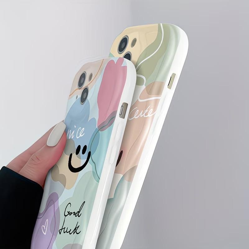 Phone Case For iPhone 17 16 15 14 13 12 11 Pro Max Plus 17e 16e Minimalist Happy Smiley Face Design Soft Curly Wave Edge Cover