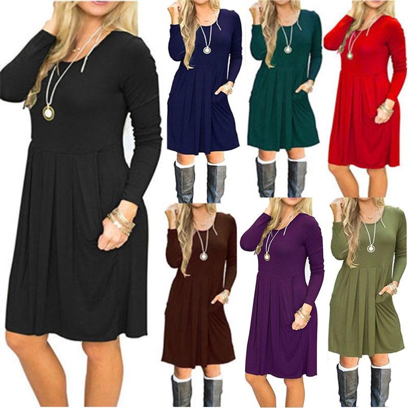 Women's Casual Swing T Shirt Dress Long Sleeve Pocket Loose Tunic For Effortless Style